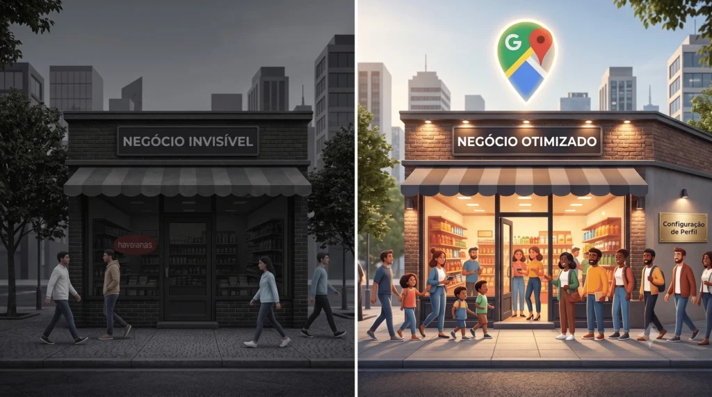 Comparação entre negócio invisível sem otimização e negócio otimizado no Google Meu Negócio atraindo clientes qualificados